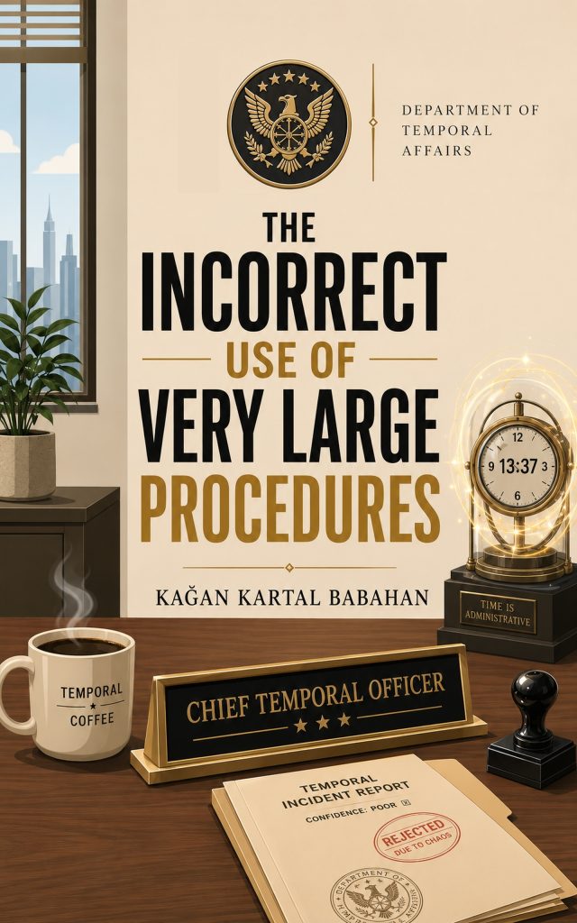 Cover of The Incorrect Use of Very Large Procedures, an absurd sci-fi novel about temporal anomalies and bureaucracy