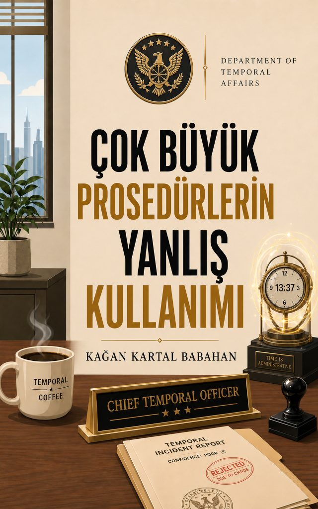 Çok Büyük Prosedürlerin Yanlış Kullanımı kapağı, zamansal anomaliler ve bürokrasi üzerine absürt bilim kurgu romanı